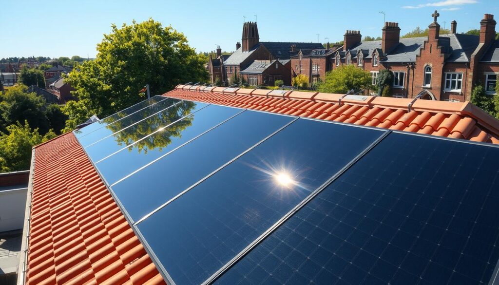 A crisp, sunny day in York, England. The rooftop of a modern residential home, meticulously installed with gleaming solar panels, capturing the radiant energy of the sun. The panels are neatly arranged, their sleek, black surfaces contrasting against the warm, terracotta tiles. Lush, green trees and the historic architecture of the city provide a picturesque backdrop, creating a harmonious blend of renewable technology and traditional English charm. The image conveys a sense of clean, sustainable energy powering a comfortable, well-appointed home, inviting viewers to consider the benefits of solar panel installation in the York area.