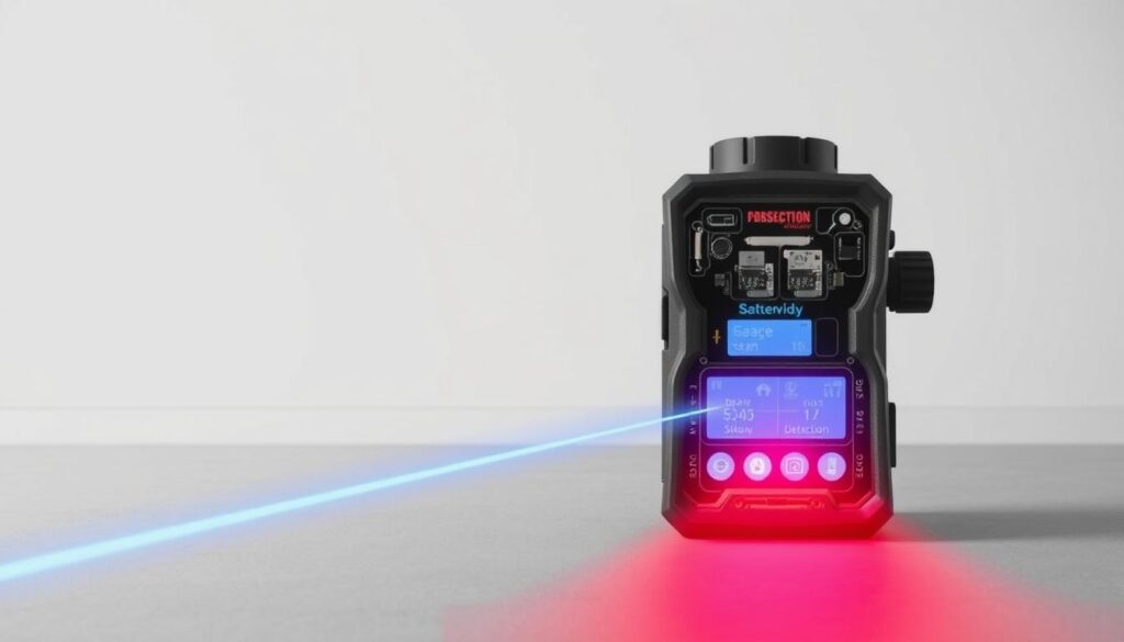 A cross-section view of a professional-grade laser stud finder, showcasing its various detection modes. The device is rendered in a clean, technical style with detailed components and circuitry visible. In the foreground, a laser beam emanates from the device, its path highlighted by subtle lighting effects. The middle ground depicts the stud finder's LCD display, illustrating the different detection modes, such as deep scan, shallow scan, and metal detection. The background features a neutral, minimalist environment, allowing the technical details to take center stage. The overall composition conveys a sense of precision, functionality, and scientific accuracy, suitable for illustrating the "Understanding Different Detection Modes" section of the article.