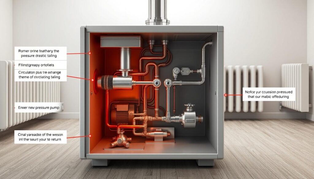 A cutaway diagram of a central heating boiler, showcasing its internal components and the potential pressure drop points. The boiler is depicted in a realistic, technical style, with a clean, well-lit environment. The foreground highlights the main pressure-sensitive areas, such as the burner, heat exchanger, and circulation pump, while the middle ground reveals the piping network and valves. The background suggests the larger context of the central heating system, with radiators and supply/return lines visible. The overall mood is one of analytical precision, guiding the viewer through the potential causes and solutions to the pressure drop issue.