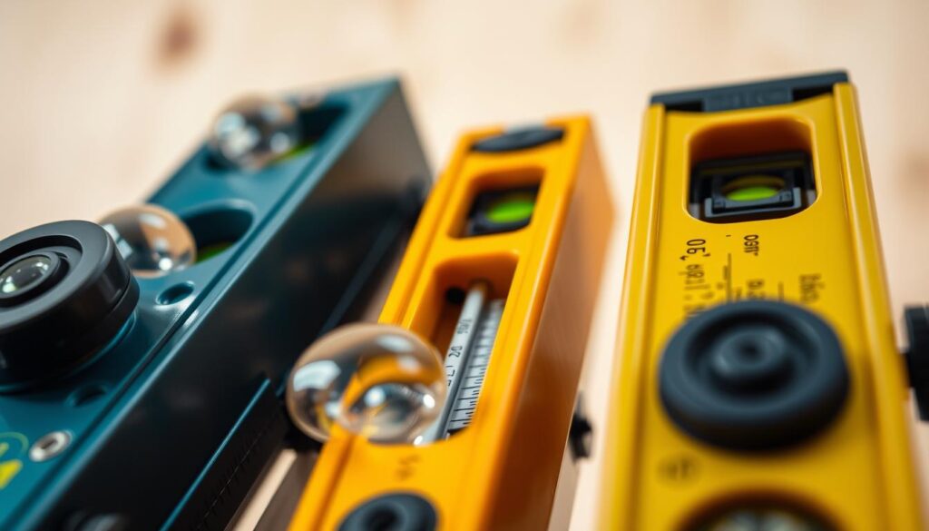 A detailed and technical closeup of various spirit levels, showcasing their components and inner workings. The foreground features a trio of spirit levels in different colors and designs, with their bubbles prominently displayed. The middle ground reveals the intricate internal mechanisms, including the vials, casings, and calibration markings. The background is a softly blurred, neutral workspace setting, allowing the spirit levels to be the focal point. Crisp, even lighting illuminates the scene, emphasizing the precision and functionality of these essential construction tools. The overall mood is one of meticulous attention to detail, conveying the importance of properly using spirit levels for accurate measurements.
