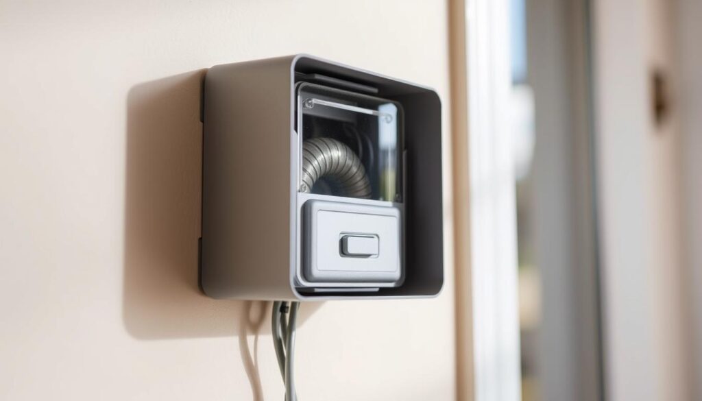 A detailed, close-up photograph of a modern doorbell chime transformer. The transformer is mounted on a neutral-colored wall, illuminated by natural, diffuse lighting from a nearby window. The device has a sleek, rectangular metal housing in a neutral gray or silver tone, with a prominent transformer coil visible through a clear plastic window. The front panel displays a simple, minimal interface with a single button or switch. The transformer's wiring is carefully routed and tucked away, creating a clean, professional aesthetic. The image showcases the transformer's compact size and functional design, emphasizing its role as an essential, yet often overlooked, component of a home's doorbell system.