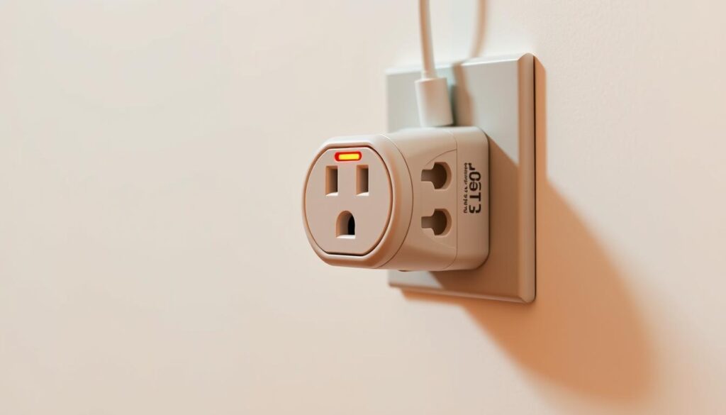 A detailed close-up shot of a surge-protected electrical extension spur installed into a power outlet. The spur has multiple electrical sockets and a visible surge protection indicator light. The spur is made of durable plastic in a neutral color, mounted flush against a white wall. Soft, warm lighting from above casts gentle shadows, highlighting the compact and functional design. The image captures the technical aspects of the installation while maintaining a clean, minimalist aesthetic suitable for an instructional guide.
