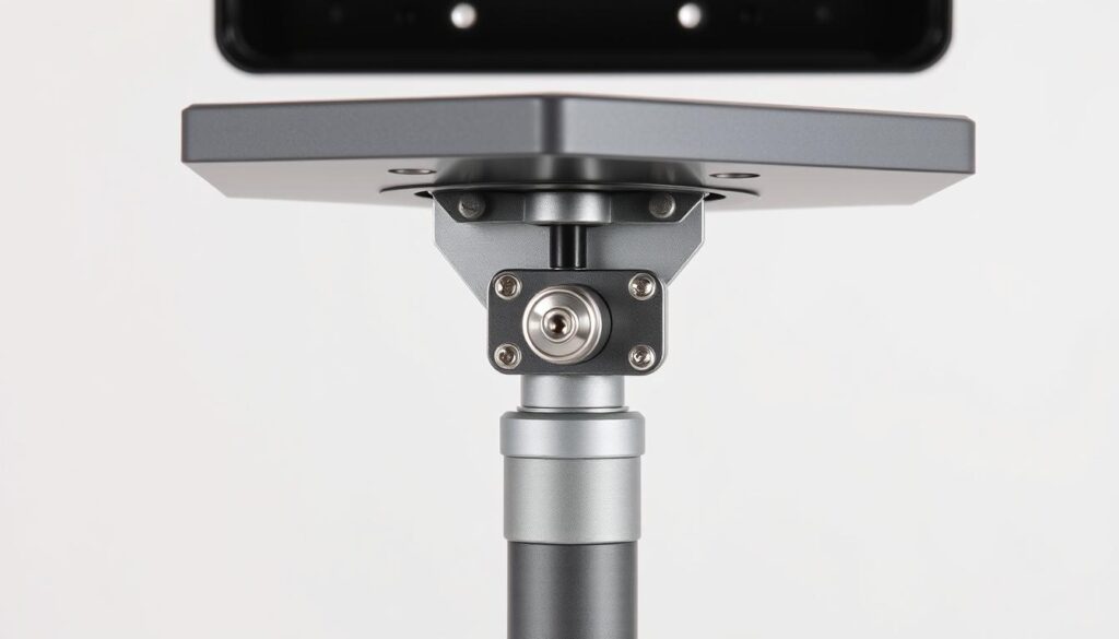 A detailed close-up view of a flip-top pivot system for a tool stand. The system features a sturdy metal hinge mechanism that allows the top surface to smoothly pivot and fold flat for storage. The hinge has a polished metal finish, with visible screws and bolts securing it in place. The pivot moves with a satisfying mechanical click, hinting at the robust construction. The background is a plain, neutral studio setting with soft, even lighting from above, allowing the pivot system to be the focal point.