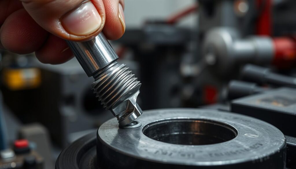 A detailed close-up view of a hand threading a metallic tap into a precision-drilled hole, in a well-lit, high-contrast industrial setting. The tap's thread patterns and the surrounding workpiece surface are sharply in focus, conveying the intricate technical nature of the threading process. The hand gripping the tap handle is visible, along with a portion of the worker's sleeve, creating a sense of human involvement. The background is blurred but suggests a workshop environment with tools and machinery. The overall mood is one of focused concentration and technical expertise.