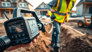 A detailed close-up view of a professional pipe and cable detector device being used in an outdoor setting. The device is held in the foreground, its control panel and sensors prominently displayed. The middle ground shows a worker in a safety vest carefully maneuvering the detector over the ground, searching for underground utilities. The background depicts a residential or commercial construction site, with partially excavated trenches, construction equipment, and a sense of a busy, controlled work environment. The lighting is natural, with soft shadows and highlights that emphasize the textures and materials of the equipment. The overall mood is one of precision, focus, and the importance of safe utility detection practices.