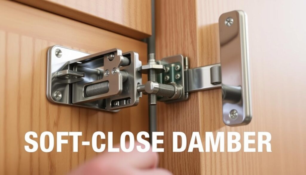 A detailed close-up view of a soft-close cabinet damper being installed, showcasing the precise mechanism and inner workings. The damper is positioned against a wooden cabinet backdrop, with a focus on the damper's hinges, springs, and adjustment mechanisms. Soft, natural lighting illuminates the scene, highlighting the textural details of the metal components and the smooth finish of the wood. The camera angle is slightly elevated, providing a clear, unobstructed view of the installation process. The overall mood is one of technical precision and attention to detail, conveying the importance of properly replacing a cabinet soft-close damper.