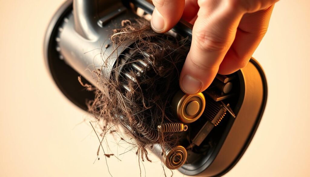A detailed, close-up view of a vacuum cleaner's roller brush mechanism, jammed with a tangled mess of hair, dust, and debris. The brush is partially retracted, with a frustrated hand attempting to clear the obstruction. Warm, directional lighting illuminates the intricate inner workings, highlighting the complex assembly of gears, springs, and rollers. The overall scene conveys a sense of frustration and the need for maintenance, set against a clean, minimalist background that draws the viewer's attention to the technical details of the jam.