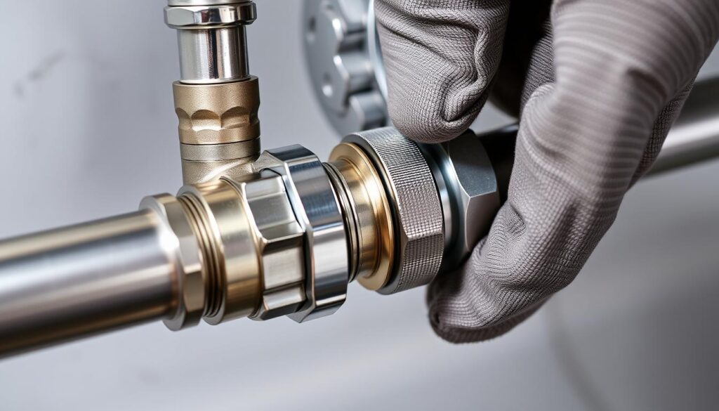 A detailed close-up view of an inline scale reducer cartridge being installed into a plumbing pipe. The cartridge is made of high-quality metal with a sleek, polished finish. The pipe is made of stainless steel, with a matte silver appearance. The hands of a plumber, wearing protective gloves, are carefully aligning the cartridge and screwing it into the pipe. The scene is well-lit, with soft, diffused lighting highlighting the intricate details of the components. The background is blurred, keeping the focus on the installation process. The overall mood is one of precision, professionalism, and attention to detail.