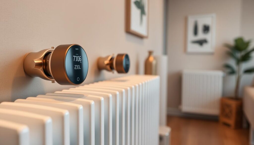A detailed close-up view of smart thermostatic radiator valves in a modern, minimalist home interior. The valves are sleek, contemporary in design, with a matte metallic finish and digital displays. They are mounted on white radiators against a neutral-toned wall, with warm, even lighting illuminating the scene. The foreground features the valves in sharp focus, showcasing their intuitive controls and smart features. The middle ground includes the radiators and surrounding decor, while the background fades into a soft, blurred perspective, creating a sense of depth and emphasizing the valves as the central subject.