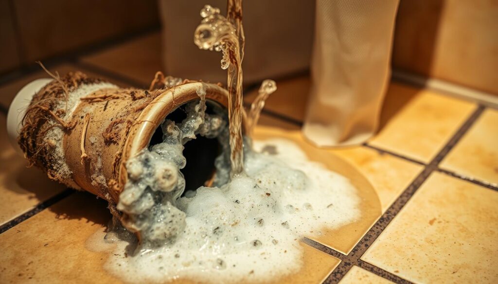 A detailed, closeup view of a shower drain partially clogged with hair, soap scum, and other debris, causing water to gurgle and back up. The drain is set against a tiled bathroom floor, with a slightly blurred background of a shower curtain or bathroom wall. The lighting is warm and natural, creating shadows and highlights that accentuate the textures and contours of the clogged drain. The overall scene conveys a sense of frustration and the need for maintenance to resolve the issue.