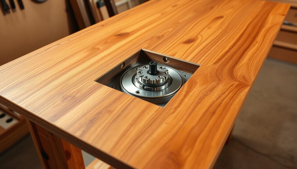 A detailed, high-quality image of a router lift installation on a sturdy, well-crafted workbench. The workbench is made of solid wood, with a smooth, sanded surface. In the center, a precision-engineered router lift is embedded, flush with the tabletop. The lift's mechanism is visible, showcasing the intricate gears and components that allow for precise height adjustment of the router bit. Soft, diffused lighting illuminates the scene, creating a warm, inviting atmosphere. The camera angle is slightly elevated, providing a clear, unobstructed view of the router lift and its integration into the workbench. The overall composition emphasizes the technical details and craftsmanship of the setup, conveying a sense of functionality and professionalism.
