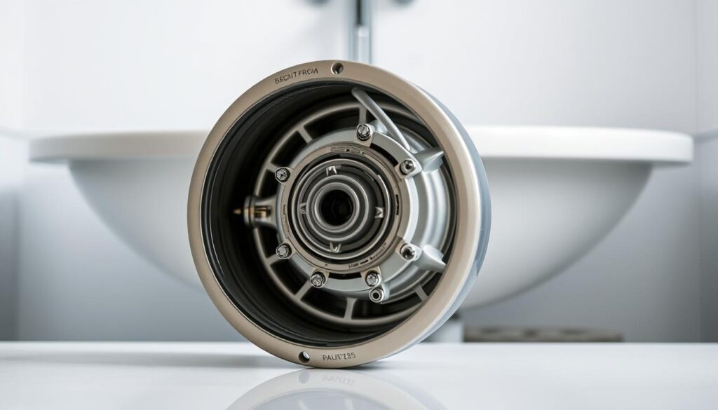 A detailed, high-resolution image of a bath pop-up waste mechanism, showcased in a well-lit, clean, and technical setting. The mechanism is prominently displayed in the center, with a focus on its inner workings and moving parts. The foreground highlights the intricate design and construction of the mechanism, while the middle ground provides context with a sink or bathtub backdrop. The background features a minimalist, neutral environment, allowing the mechanism to be the central focus. The overall mood is one of precision, clarity, and technical understanding, suitable for illustrating a step-by-step guide on replacing the mechanism.