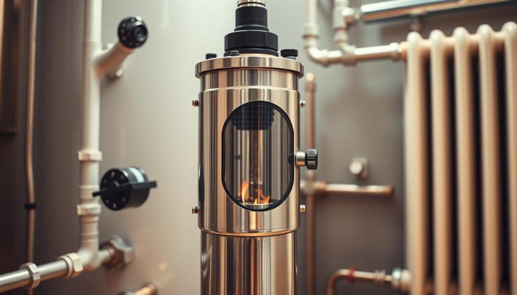 A detailed, high-resolution image of a central heating inhibitor in a conventional boiler system. The inhibitor is prominently featured in the foreground, showcasing its cylindrical metal housing, control knobs, and clear viewing window. The middle ground depicts the boiler system, with clean piping, valves, and a radiator in the background. The lighting is warm and natural, creating a professional, technical atmosphere. The composition emphasizes the importance of the inhibitor within the system, captured from a slightly elevated angle to provide a clear, unobstructed view.