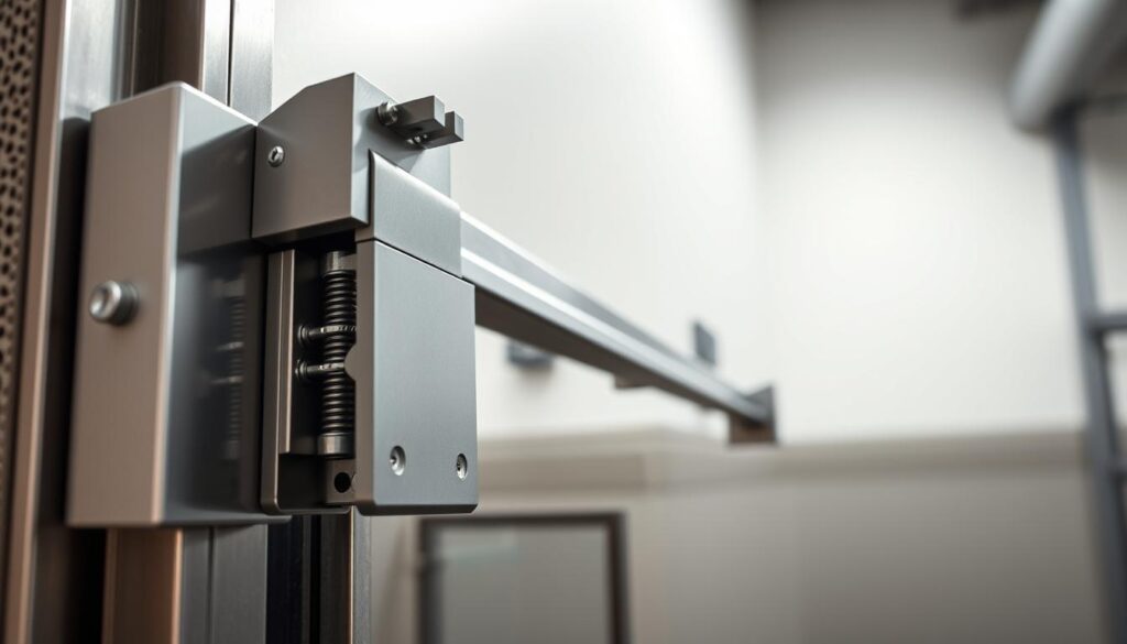 A detailed, high-resolution image of a fire door closing mechanism, showcasing its intricate components and mechanisms. The foreground should prominently display the door's closing arm, spring, and hydraulic mechanism, with a clear view of how they work together to gently and reliably close the door. The middle ground should feature the door frame and the surrounding wall, providing context and scale. The background should depict a well-lit, industrial or commercial setting, with soft, even lighting that highlights the mechanism's metallic finish and technical details. The overall mood should convey a sense of functional reliability and safety, reflecting the critical role of fire door closing mechanisms in maintaining building security and fire safety.