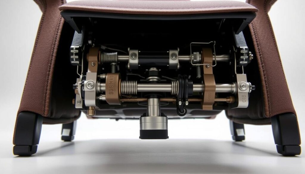 A detailed, high-resolution image of a recliner footrest mechanism in a well-lit, technical setting. The mechanism is prominently displayed in the foreground, showcasing its various components such as the linkages, springs, and locking mechanisms. The middle ground depicts the recliner chair frame, providing context and scale. The background is clean and neutral, allowing the mechanism to be the focal point. The lighting is soft and even, highlighting the intricate details and textures of the mechanism. The camera angle is slightly elevated, providing a clear, unobstructed view of the entire assembly. The overall mood is one of technical precision and clarity, suitable for illustrating a step-by-step guide on recliner footrest mechanism repair.