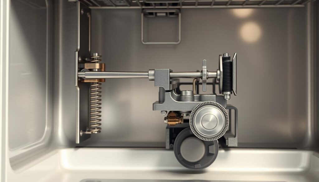 A detailed, high-resolution, photorealistic image of the internal mechanism of a dishwasher door, shown in a cutaway view. The foreground features the door hinges, springs, and the metal latch assembly that secures the door when closed. The middle ground showcases the intricate linkages, pivots, and gears that enable the door's smooth opening and closing motion. The background gently fades into a softly lit, neutral-toned interior, allowing the mechanical components to be the focus. Crisp lighting from multiple angles highlights the textures and contours of the metal parts, with a slight golden hue to convey a sense of precision engineering. The overall composition emphasizes the complex, yet elegantly designed, nature of a dishwasher's door mechanism.
