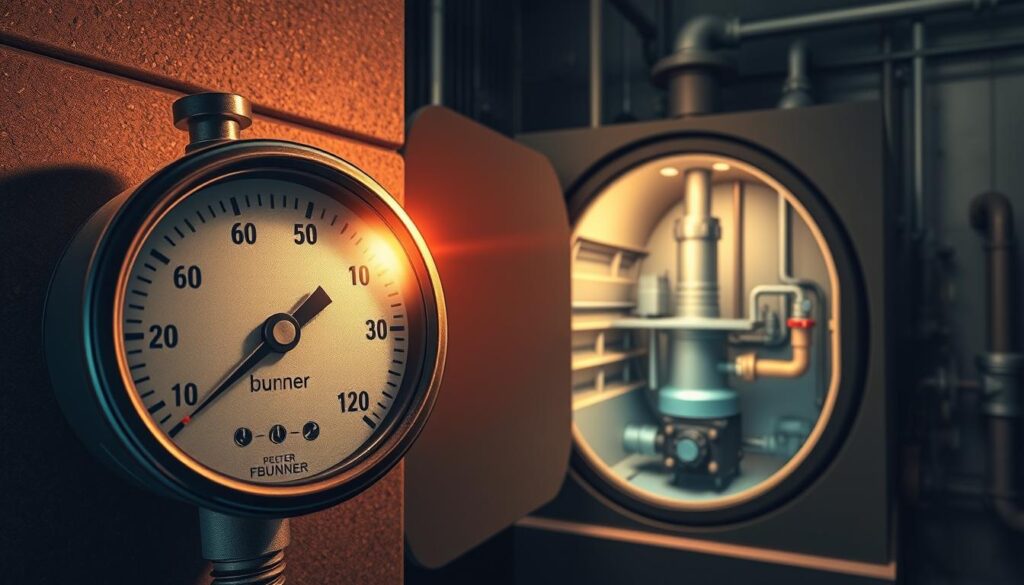 A detailed, highly technical illustration of a boiler pressure drop scenario. In the foreground, a pressure gauge shows a plummeting reading, highlighted by dramatic lighting that casts shadows and highlights the dial. In the middle ground, a cutaway view of the boiler reveals its internal components - the burner, heat exchanger, and water circulation system. In the background, a muted industrial setting with pipes, valves, and other boiler infrastructure. The overall mood is one of concern and urgency, conveying the importance of understanding and addressing boiler pressure drops.