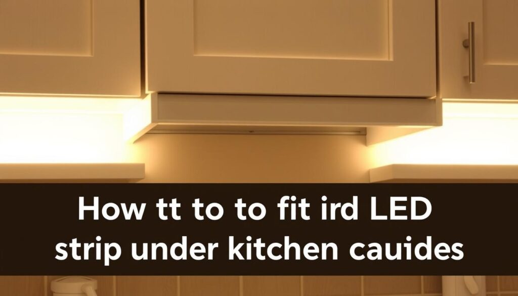 A detailed kitchen countertop with a cabinet above, the cabinet's underside illuminated by a warm, glowing LED light strip. The strip is installed flush against the cabinet's edge, casting a soft, inviting ambiance onto the workspace below. The lighting accentuates the smooth, clean lines of the cabinet and countertop, creating a modern, sophisticated look. The scene is captured from a slightly elevated angle, showcasing the seamless integration of the LED strip and the overall kitchen design. The image conveys a sense of functionality and aesthetic appeal, perfectly suited to illustrate the step-by-step guide on how to fit LED strips under kitchen cabinets.