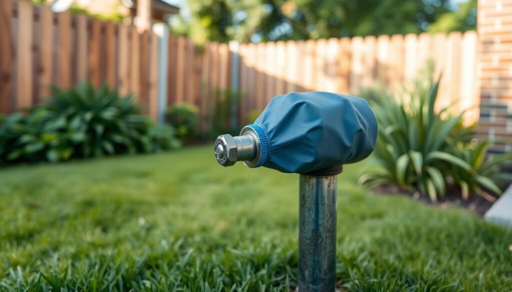 A detailed outdoor scene, with a focus on the installation of an insulation cover over an outdoor tap. The foreground shows the outdoor tap, with a blue or gray insulation cover securely installed over it. The middle ground features a well-manicured lawn, with lush greenery surrounding the tap. In the background, a wooden fence or a brick wall provides a natural backdrop, conveying a sense of a residential or suburban setting. The lighting is natural, with soft, warm tones that create a pleasant, inviting atmosphere. The camera angle is set at eye level, capturing the installation process in a clear, informative manner.