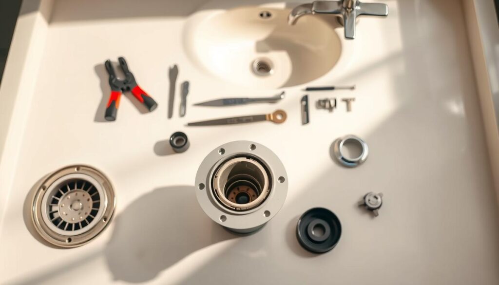 A detailed overhead view of a bathroom vanity top with a pop-up bath waste mechanism in the foreground. The mechanism is disassembled, revealing its internal components. The middle ground shows various tools and replacement parts laid out neatly. The background depicts the bathroom fixtures, including the sink and taps, in soft focus. The lighting is natural, casting gentle shadows and highlights to accentuate the mechanical details. The overall mood is one of precision and organization, reflecting the preparatory stage of the waste mechanism replacement process.