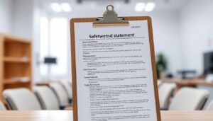 A detailed safety method statement displayed on a sturdy wooden clipboard against a clean, well-lit office background. The statement features a clear, structured layout with various sections highlighted, such as "Hazard Identification", "Risk Assessment", and "Control Measures". The clipboard is positioned at a slight angle, creating a sense of professionalism and attention to detail. The lighting is soft and diffused, creating a calm and professional atmosphere. The overall composition emphasizes the importance of thorough safety planning and documentation in a corporate or industrial setting.