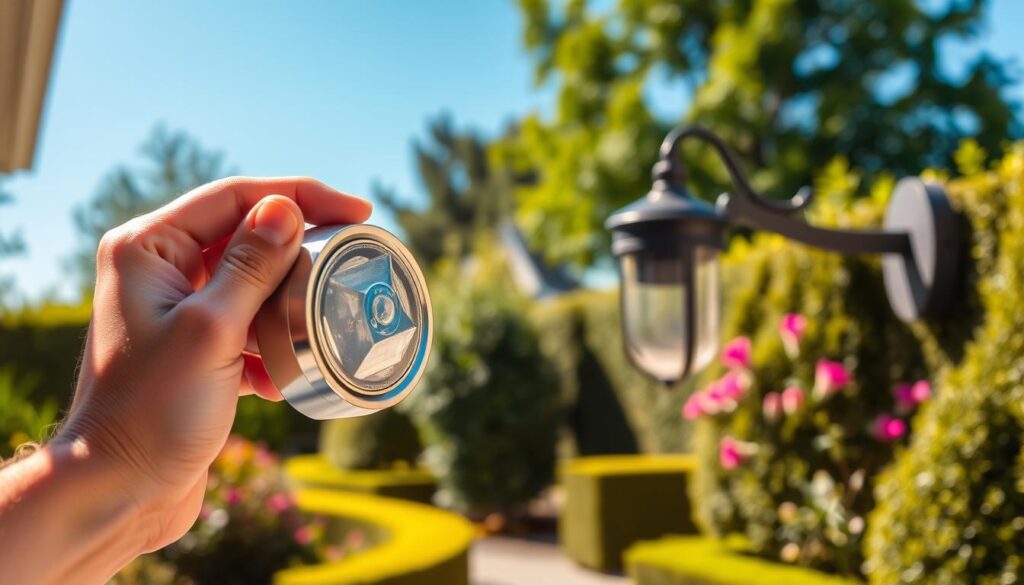 A detailed, step-by-step photocell sensor installation. In the foreground, a hand carefully attaching the photocell sensor to an outdoor light fixture, its sleek metallic casing glinting in the warm, natural lighting. In the middle ground, the light fixture itself, mounted on a sturdy wall, surrounded by lush greenery and a clear, blue sky. In the background, a well-manicured garden, with vibrant flowers and neatly trimmed hedges, creating a serene, inviting ambiance. The scene conveys a sense of precision, functionality, and attention to detail, perfectly capturing the process of adding a photocell sensor to an outside light.