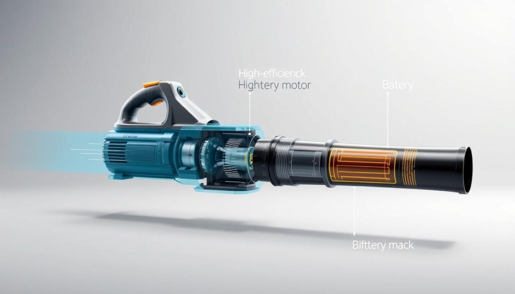 A detailed technical illustration of a cordless leaf blower, showcasing its key specifications. In the foreground, a sleek and modern cordless leaf blower, its design features prominently displayed. The middle ground highlights the internal components, with a cutaway view revealing the high-efficiency motor, battery pack, and airflow dynamics. In the background, a neutral-toned environment, allowing the subject to take center stage. The lighting is crisp and clean, emphasizing the product's technical details. The camera angle is slightly elevated, providing an authoritative and informative perspective. The overall mood conveys a sense of precision, functionality, and attention to engineering excellence.
