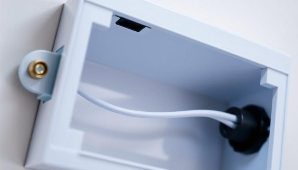 A detailed, well-lit close-up shot of a switch box's interior, showcasing the neutral wire. The neutral wire should be prominently displayed, with a clear view of its connection and positioning within the box. The lighting should be bright and evenly distributed, allowing for precise observation of the wire's physical characteristics. The angle should be slightly elevated, providing a clear, unobstructed view of the neutral wire's location and configuration. The background should be clean and uncluttered, with minimal distractions, allowing the viewer to focus solely on the neutral wire and its surroundings within the switch box.