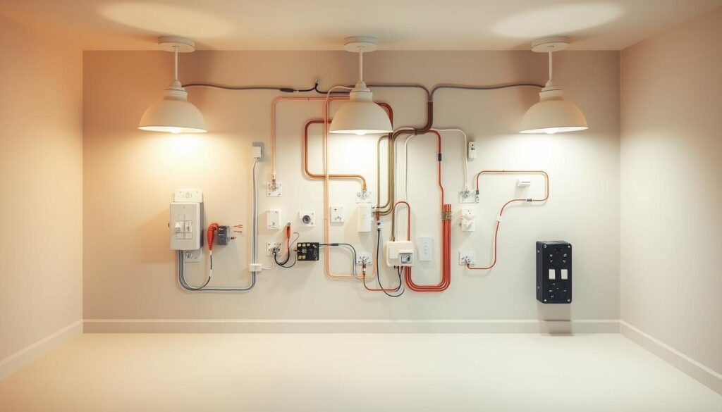 A detailed, well-lit diagram of a residential downstairs lighting circuit, showcasing the wiring, junction boxes, light fixtures, and switch components. The circuit is presented in an exploded, three-dimensional view to clearly illustrate the layout and connections. The lighting is soft and evenly distributed, creating a warm, inviting atmosphere. The scene is captured from a slightly elevated angle, providing a comprehensive overview of the circuit's structure and components. The background is clean and uncluttered, allowing the electrical components to be the focal point.