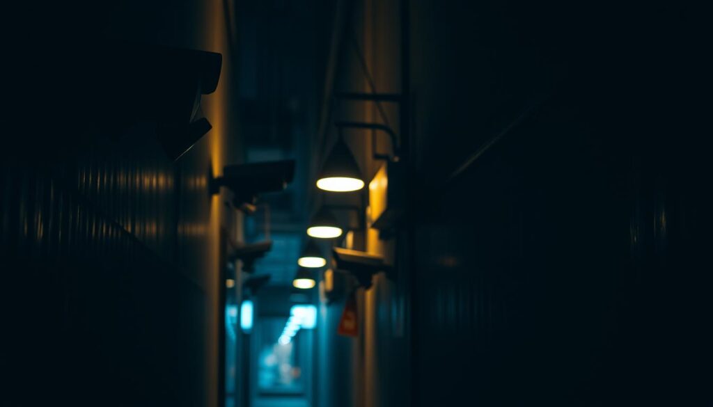 A dimly lit alleyway at night, security cameras mounted on the walls capturing every movement. The cameras are sleek, modern designs with advanced features like night vision and motion detection. The scene has a sense of surveillance and watchfulness, conveying the idea of 24-hour security. The lighting is atmospheric, with shadows and highlights creating depth and drama. The camera angles are positioned to cover multiple vantage points, ensuring comprehensive coverage of the area. The overall mood is one of safety and protection, with the security systems providing a reassuring presence in the urban environment.