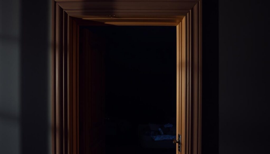 A dimly lit interior space, the focus on a wooden door frame with noticeable gaps at the top and sides. The door is slightly ajar, revealing a cluttered room beyond. Soft, diffused lighting casts long shadows, emphasizing the uneven clearance. The scene conveys a sense of neglect and the need for adjustment, setting the stage for the article's subject matter. Captured at a low angle, the lens draws the viewer's attention to the problematic door, inviting them to consider solutions for improving interior door clearance.