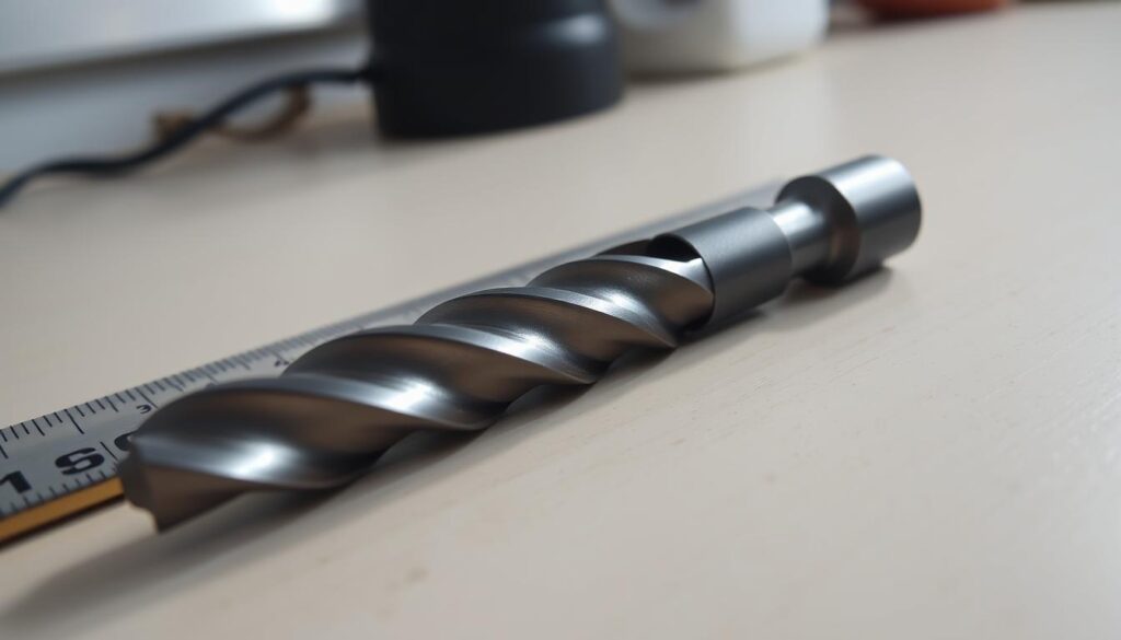 A drill bit resting on a clean, well-lit workbench, with a ruler or measuring tape visible alongside it. The drill bit is the focal point, capturing the viewer's attention with its sharp, metallic appearance and precise markings indicating its size and dimensions. The lighting is soft and diffused, creating subtle shadows that accentuate the drill bit's contours and textures. The background is slightly blurred, allowing the drill bit to stand out prominently, showcasing its importance as a crucial tool for measuring and selecting the correct size for a specific task.