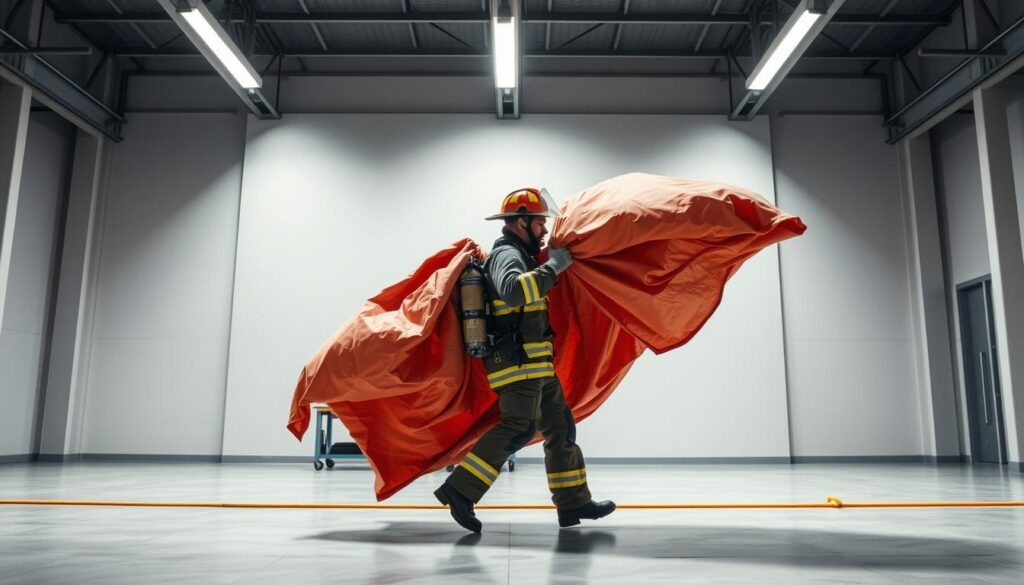A dynamic fire blanket deployment scene set in a well-lit, modern industrial setting. In the foreground, a firefighter in full protective gear rapidly unfurls a large, heavy-duty fire blanket, the fabric billowing and cascading with a sense of urgency. The middle ground features a partially obscured workbench or equipment, hinting at the hazardous context. In the background, a clean, minimalist environment with smooth, reflective surfaces and strong lighting that emphasizes the importance of the fire safety equipment. The overall mood conveys a sense of preparedness, professionalism, and the critical role of fire blankets in safety-conscious industrial environments.