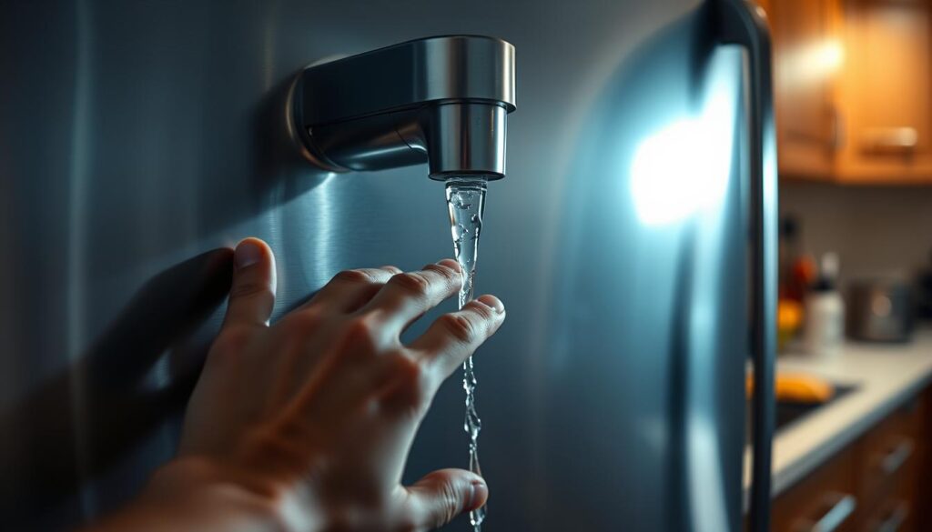 A gleaming, stainless steel fridge, its water dispenser a prominent feature. The dispenser's nozzle, partially obscured, emits a thin, sluggish stream of water, struggling against a mysterious obstruction. The scene is bathed in a cool, fluorescent glow, casting stark shadows that accentuate the mechanical details. In the foreground, a hand reaches tentatively towards the dispenser, its expression one of frustration and puzzlement. The background fades into a blurred, kitchen-like setting, hinting at the broader context of this malfunctioning appliance. The overall mood is one of technical malfunction, with the viewer invited to ponder the cause of the slow water flow.