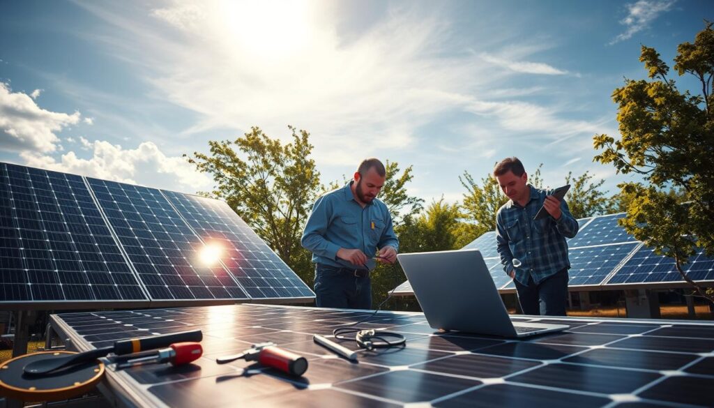 A group of skilled solar power technicians carefully examining a photovoltaic array, meticulously inspecting each panel and wiring for optimal performance. The warm sunlight filters through cirrus clouds, casting a soft glow across the scene. In the foreground, specialized tools and a laptop are neatly arranged, ready for the team to diagnose and address any maintenance issues. The middle ground features the solar panels mounted on sturdy frames, their surfaces gleaming. In the background, lush green trees sway gently, complementing the renewable energy focus. The overall atmosphere conveys a sense of professionalism, attention to detail, and a commitment to ensuring the efficient operation of the solar power system.