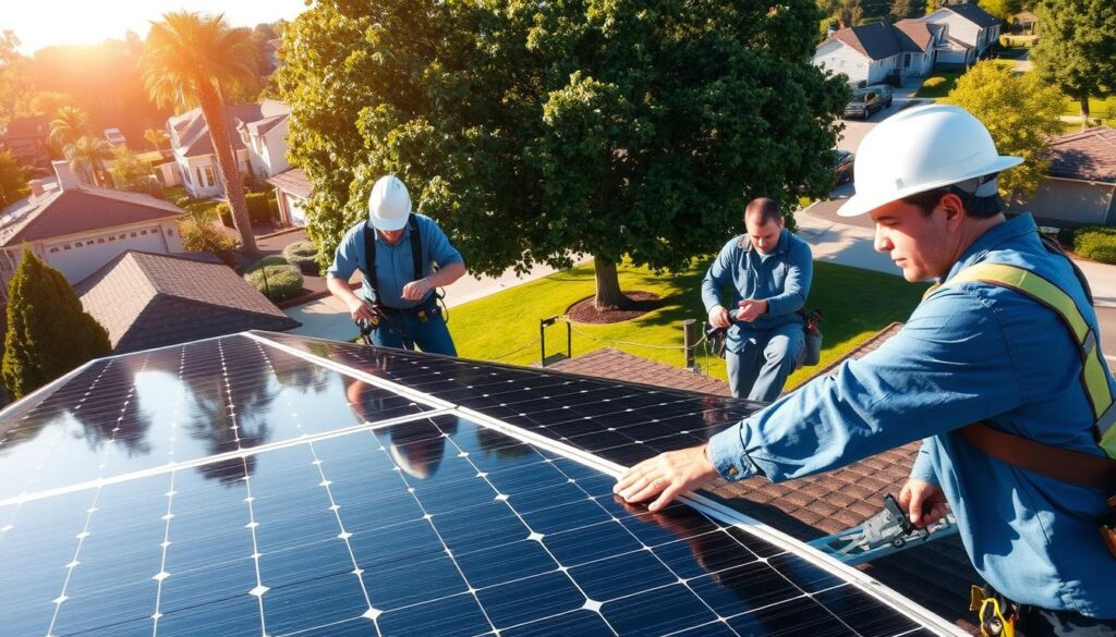 A group of solar panel installers working diligently on a residential rooftop, their hands deftly maneuvering tools and panels under the warm afternoon sun. In the foreground, two installers carefully align the solar array, their faces focused and determined. In the middle ground, another installer secures the wiring, his movements precise and efficient. In the background, a well-maintained suburban neighborhood stretches out, the lush green trees and well-kept lawns providing a serene backdrop to the renewable energy installation taking place. The scene is lit by natural sunlight, casting soft shadows and highlighting the installers' dedication to their work.
