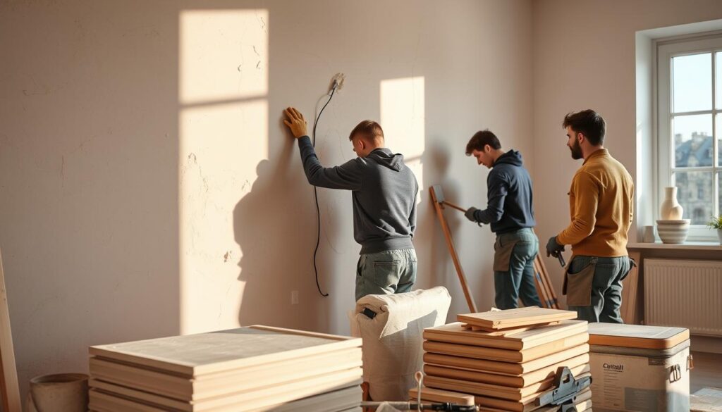 A hardworking team of skilled plasterers diligently working on a residential wall in Plymouth, their tools and materials neatly organized nearby. The scene is bathed in warm, natural lighting from a large window, casting subtle shadows that highlight the textures of the plaster as it's smoothed and shaped. The plasterers wear practical work attire, their faces slightly obscured as they focus intently on their task. The overall atmosphere conveys a sense of professionalism, efficiency, and attention to detail - qualities that would be essential for reliable home renovation work.