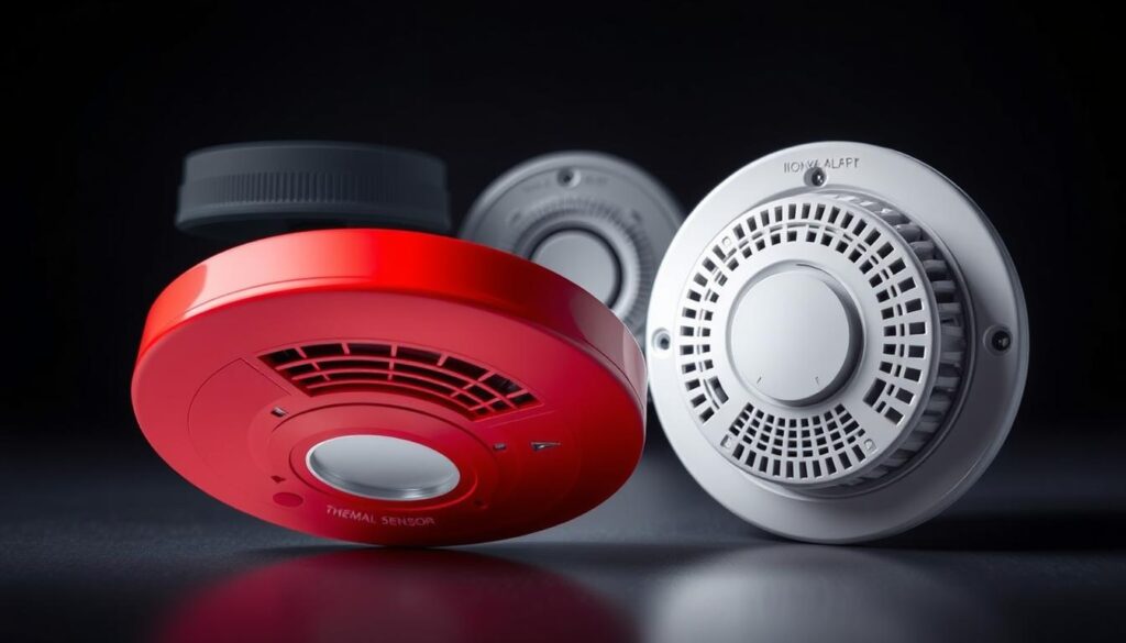 A high-contrast, technical illustration depicting the key differences between a heat detector and a smoke alarm. In the foreground, a sleek, modern heat detector with a bold, red housing and a prominent sensor grille. In the middle ground, a conventional smoke alarm with a white casing and an ionization sensor. In the background, a detailed cutaway view exposing the internal components of each device - the heat detector's thermal sensor and the smoke alarm's sensing chamber. The lighting is cool and clinical, highlighting the precision engineering of these fire safety devices. The overall composition conveys a sense of functional simplicity and scientific clarity, emphasizing the distinct roles these two alarm types play in home fire protection.