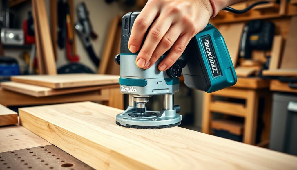 A high-quality Makita cordless trim router, meticulously crafted, dynamically operating on a precision woodwork project. Bright, directional lighting illuminates the tool's sleek design and the user's skilled hands manipulating the controls. The router's powerful motor spins a sharp carbide bit, precisely shaping the wood's edge with clean, uniform cuts. The background showcases a well-organized workshop environment, with a variety of tools and materials in the periphery, conveying a sense of a professional, hands-on woodworking process.
