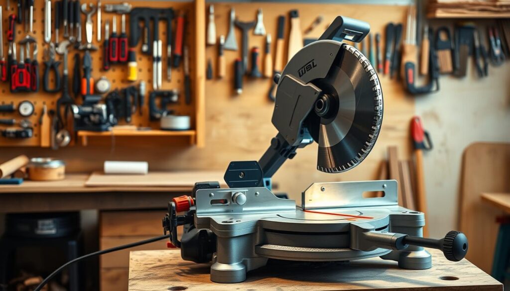A high-quality compound miter saw sits on a sturdy workbench, its gleaming metal blade and adjustable angle guides reflecting the warm light of a workshop. The saw's sleek, ergonomic design invites the user to precisely make accurate miter and bevel cuts with ease. In the background, a wall-mounted tool cabinet displays an assortment of precision woodworking tools, hinting at the saw's versatility in creating intricate projects. The scene conveys a sense of professional craftsmanship, where the saw's advanced features and robust construction enable the user to tackle a wide range of complex woodworking tasks with confidence.