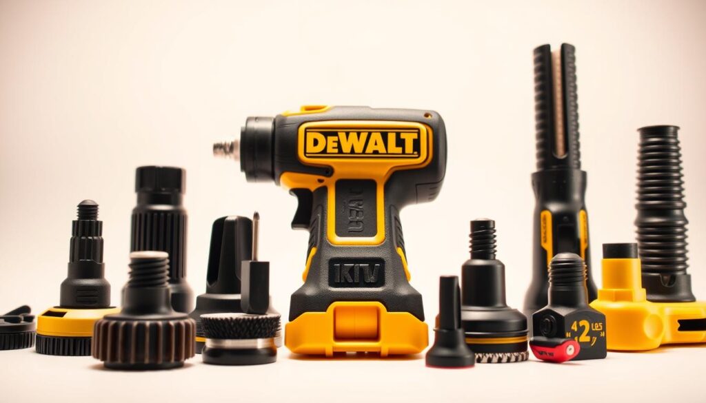 A high-quality, detailed close-up shot of the DeWalt XR oscillating tool accessory system. The system is displayed prominently in the center of the frame, with a crisp, clean white background that allows the tool's features to stand out. The lighting is warm and slightly directional, creating subtle shadows that highlight the textures and contours of the accessories. The angle is slightly elevated, providing a slightly angled, bird's-eye view that showcases the intuitive, quick-change design of the system. The image conveys a sense of precision, durability, and the versatility of the DeWalt XR oscillating tool and its accessory ecosystem.