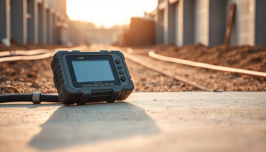 A high-quality, detailed image of a professional-grade pipe and cable detector device. The device is shown in the foreground, resting on a flat surface. It has a sleek, modern design with a sturdy metal casing and a large, easy-to-read digital display. The detector features multiple sensors and controls, allowing for precise location and identification of underground pipes and cables. The middle ground shows a construction site or outdoor setting, with a textured, earthen surface and partially visible utility lines. The background depicts a bright, evenly lit environment, with soft, natural lighting casting a warm glow on the scene. The overall composition conveys a sense of utility, precision, and the importance of safely locating underground infrastructure.