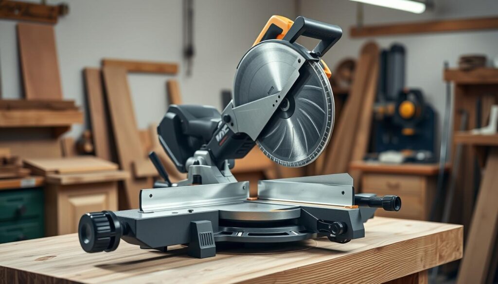 A high-quality, expertly-engineered mitre saw sits on a sturdy wooden workbench in a well-lit workshop. The saw's sleek, metallic body gleams under bright studio lights, casting sharp shadows that reveal its precise, angular design. The blade is poised, ready to slice through wood with surgical precision. The miter gauge and adjustable bevel settings are clearly visible, hinting at the saw's versatility and attention to detail. The workbench surface is clean and uncluttered, allowing the saw to take center stage. An atmosphere of professionalism and craftsmanship pervades the scene, reflecting the high build quality and thoughtful design of this premium power tool.