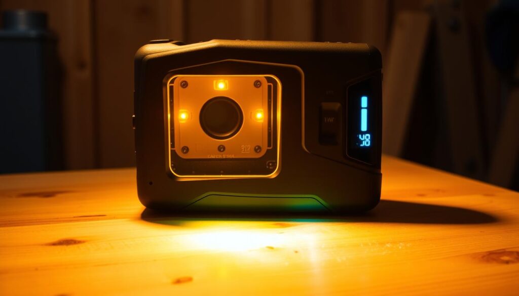 A high-quality laser stud finder with a digital display, illuminated by warm lighting and placed on a wooden workbench. The stud finder's internal components and scanning mechanism are visible, showcasing its precise laser technology. The scene is captured from an elevated angle, allowing the viewer to appreciate the device's sleek design and intuitive interface. The background is slightly blurred, maintaining the focus on the stud finder and its practical application in a home improvement or DIY setting.