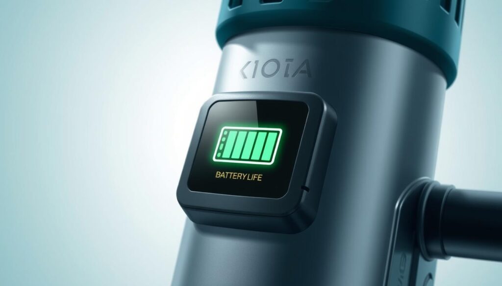 A high-resolution, detailed illustration of a Makita cordless router's battery indicator display, showcasing the remaining battery life in a clear and informative manner. The battery icon should be the focal point, surrounded by a clean, minimalist background that emphasizes the technical nature of the subject. Subtle lighting should create depth and highlight the battery level readout. The overall composition should convey a sense of precision and functionality, reflecting the reliable performance of the Makita cordless trim router.