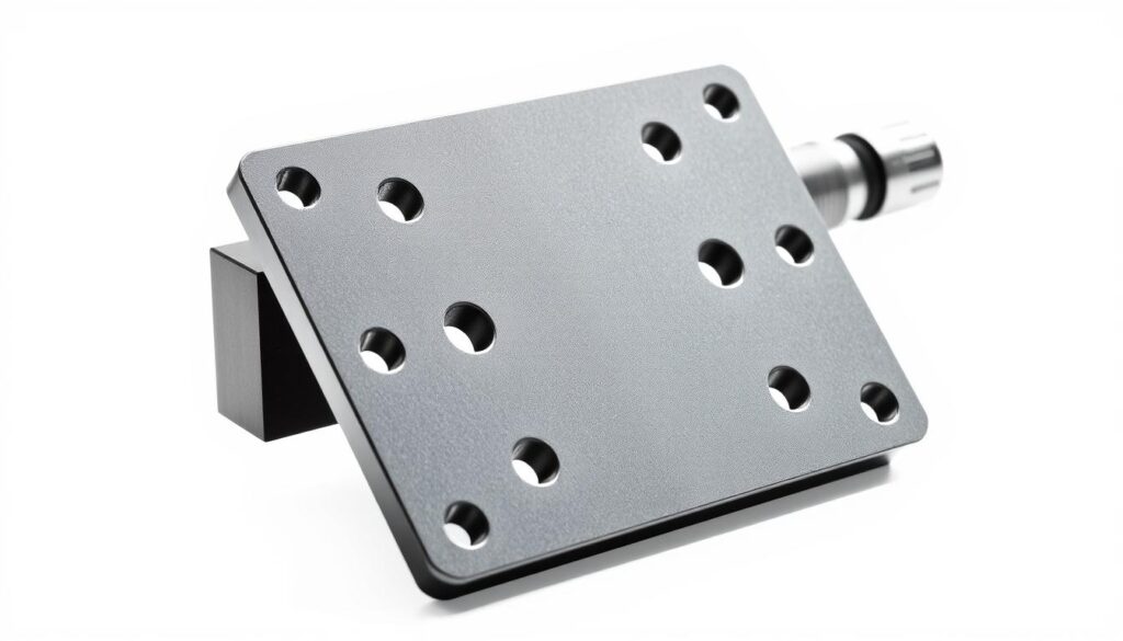 A high-resolution, detailed image of a sturdy, steel vise mounting plate with precise dimensions and mounting holes, against a clean, bright background. The plate is positioned at a slight angle, illuminated by natural, directional lighting, showcasing its intricate design and robust construction. The plate's surface has a metallic, reflective finish, creating a sense of depth and highlighting its technical, industrial aesthetic. The overall composition emphasizes the plate's function and integration within a portable workbench setup, conveying a sense of utility and practicality.