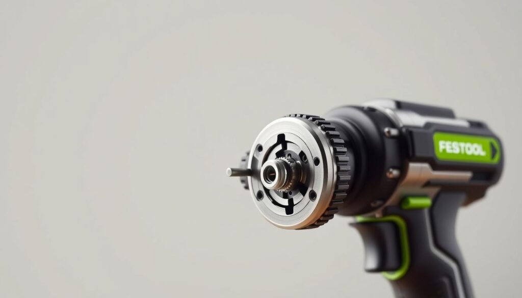 A high-resolution, photorealistic image of the Festool T18 cordless drill's electronic clutch system, showcased against a clean, minimalist background. The clutch mechanism is displayed in the foreground, with a detailed view of its intricate components and gears. Soft, directional lighting accentuates the sleek, metallic finish, creating a sense of depth and dimensionality. The midground features the drill's body, capturing its ergonomic design and robust construction. The background is a simple, neutral color that allows the subject to stand out prominently. The overall composition and lighting convey a sense of precision, power, and technical sophistication, reflecting the drill's high-performance capabilities.