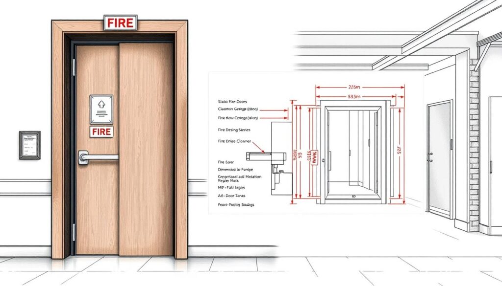 A highly detailed and technical illustration of fire door regulations in the UK, showcasing the key components and requirements. The foreground features the fire door itself, with a focus on the closing mechanism, signage, and hardware. The middle ground includes a technical diagram outlining the dimensional specifications and clearance zones. The background depicts the overall building context, with architectural elements like walls, floors, and ceilings to provide scale and setting. Rendered in a technical, engineering-inspired style with precise linework, muted colors, and subtle lighting to convey an authoritative, informative tone.