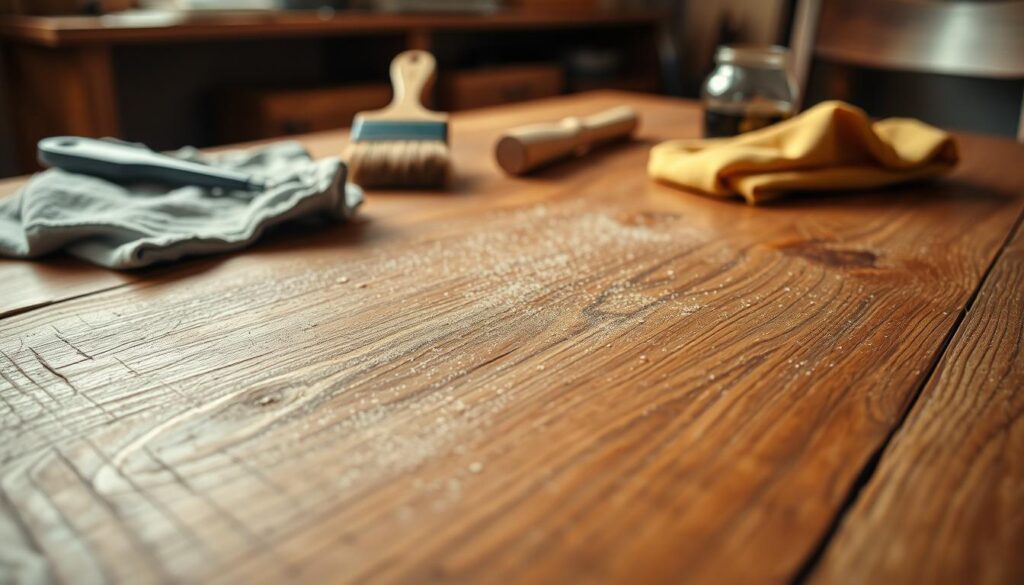 A highly detailed close-up view of an oak table surface being prepared for stain treatment. The wooden surface is in the foreground, with a warm, soft lighting illuminating the grain and texture. The table has been sanded down, revealing the natural, weathered character of the wood. Fine dust particles are visible, suggesting a thorough surface preparation. The midground shows a variety of stain application tools, including a brush, a rag, and a small container of stain. The background is blurred, keeping the focus on the table surface and the preparation process. The overall atmosphere is one of careful attention to detail, with a sense of anticipation for the upcoming stain application.