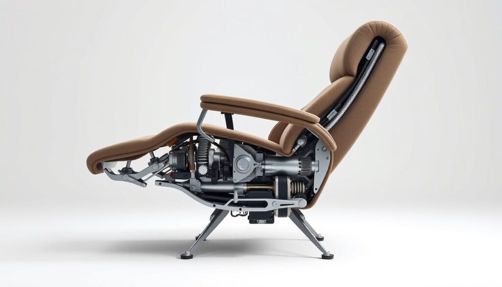 A highly detailed, mechanically accurate rendering of a recliner footrest mechanism in a well-lit studio setting. The mechanism is shown in profile, with all its internal components clearly visible - springs, gears, linkages, and actuating levers. The mechanism is portrayed against a clean, neutral background, allowing the intricate engineering to be the focal point. The lighting is soft and diffused, creating defined shadows and highlights that accentuate the three-dimensional form and textures of the metal parts. The camera angle is slightly elevated, providing an unobstructed view of the footrest mechanism in its fully extended position, ready for repair or maintenance.
